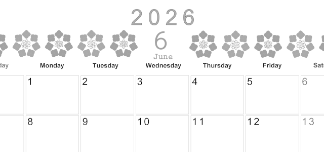 2026年6月横型モノクロの日曜始まり あじさいイラストのかわいいA4無料白黒カレンダー(2026-00370600)