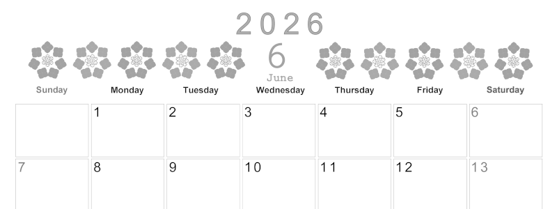 2026年6月横型モノクロの日曜始まり あじさいイラストのかわいいA4無料白黒カレンダー(2026-00370600)
