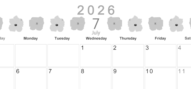 2026年7月横型モノクロの日曜始まり 花のイラストがかわいいA4無料白黒カレンダー(2026-00370700)