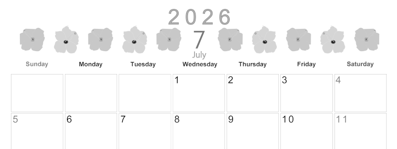 2026年7月横型モノクロの日曜始まり 花のイラストがかわいいA4無料白黒カレンダー(2026-00370700)