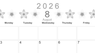 2026年8月横型モノクロの日曜始まり プルメリアがかわいいイラストA4無料白黒カレンダー(2026-00370800)