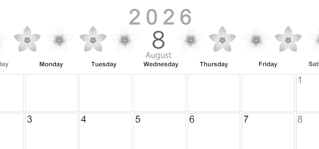 2026年8月横型モノクロの日曜始まり プルメリアがかわいいイラストA4無料白黒カレンダー(2026-00370800)