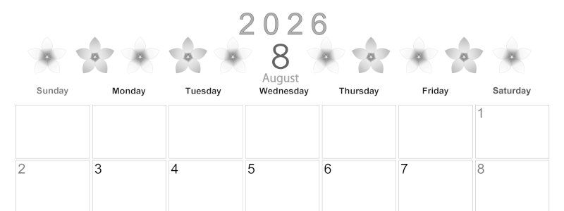 2026年8月横型モノクロの日曜始まり プルメリアがかわいいイラストA4無料白黒カレンダー(2026-00370800)