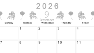 2026年9月横型モノクロの日曜始まり 花イラストのかわいいA4無料白黒カレンダー(2026-00370900)