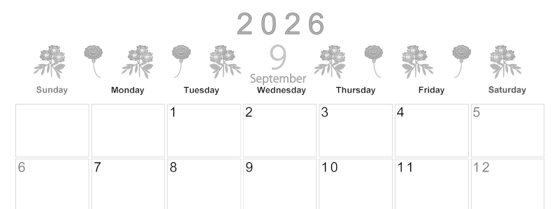 2026年9月横型モノクロの日曜始まり 花イラストのかわいいA4無料白黒カレンダー(2026-00370900)