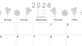 2026年10月横型モノクロの日曜始まり 花イラストのかわいいA4無料白黒カレンダー(2026-00371000)