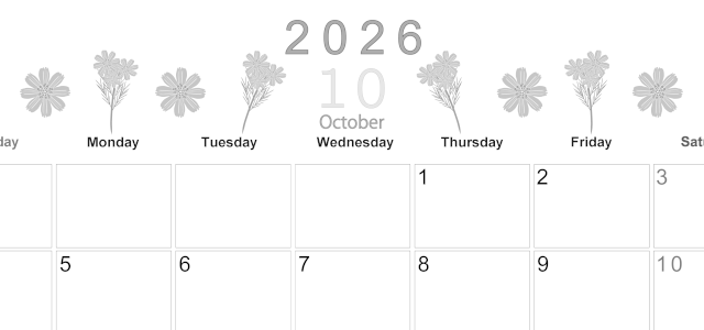 2026年10月横型モノクロの日曜始まり 花イラストのかわいいA4無料白黒カレンダー(2026-00371000)