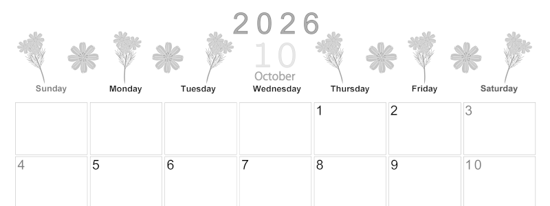 2026年10月横型モノクロの日曜始まり 花イラストのかわいいA4無料白黒カレンダー(2026-00371000)
