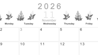 2026年11月横型モノクロの日曜始まり 花イラストのかわいいA4無料白黒カレンダー(2026-00371100)