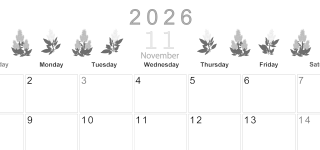 2026年11月横型モノクロの日曜始まり 花イラストのかわいいA4無料白黒カレンダー(2026-00371100)
