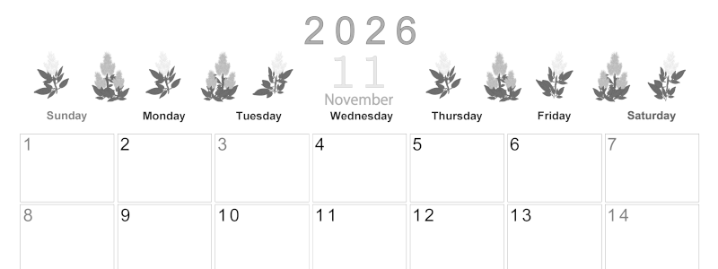 2026年11月横型モノクロの日曜始まり 花イラストのかわいいA4無料白黒カレンダー(2026-00371100)