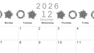 2026年12月横型モノクロの日曜始まり ポインセチアがかわいいイラストA4無料白黒カレンダー(2026-00371200)