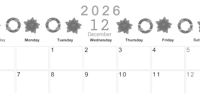2026年12月横型モノクロの日曜始まり ポインセチアがかわいいイラストA4無料白黒カレンダー(2026-00371200)