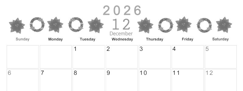 2026年12月横型モノクロの日曜始まり ポインセチアがかわいいイラストA4無料白黒カレンダー(2026-00371200)