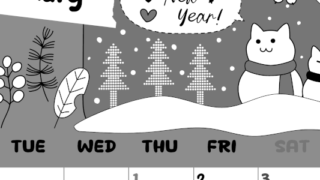 2026年1月縦型モノクロの月曜始まり ポップな雪イラストのかわいいA4無料白黒カレンダー(2026-00380111)