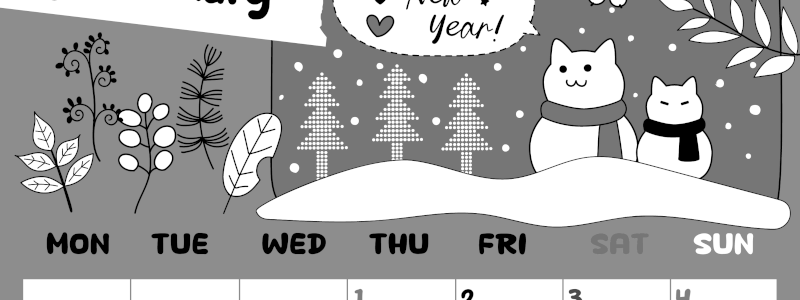 2026年1月縦型モノクロの月曜始まり ポップな雪イラストのかわいいA4無料白黒カレンダー(2026-00380111)