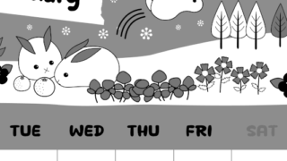 2026年2月縦型モノクロの月曜始まり ポップかわいいイラストA4無料白黒カレンダー(2026-00380211)