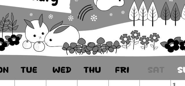 2026年2月縦型モノクロの月曜始まり ポップかわいいイラストA4無料白黒カレンダー(2026-00380211)