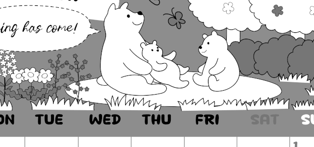 2026年3月縦型モノクロの月曜始まり ポップかわいい白熊イラストのA4無料白黒カレンダー(2026-00380311)