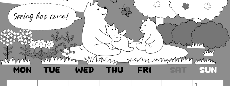 2026年3月縦型モノクロの月曜始まり ポップかわいい白熊イラストのA4無料白黒カレンダー(2026-00380311)