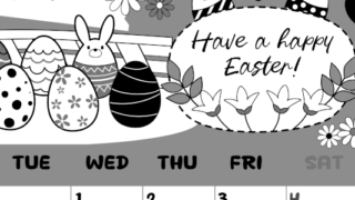 2026年4月縦型モノクロの月曜始まり イースターエッグイラストのかわいいA4無料白黒カレンダー(2026-00380411)