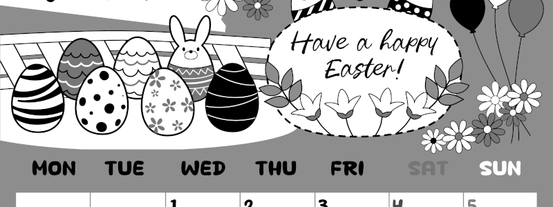 2026年4月縦型モノクロの月曜始まり イースターエッグイラストのかわいいA4無料白黒カレンダー(2026-00380411)
