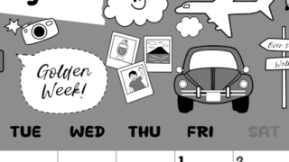 2026年5月縦型モノクロの月曜始まり GWイラストのかわいいA4無料白黒カレンダー(2026-00380511)