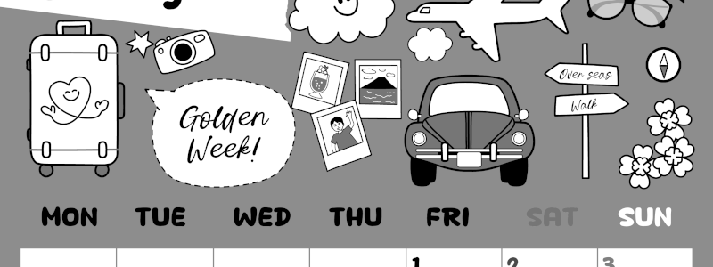 2026年5月縦型モノクロの月曜始まり GWイラストのかわいいA4無料白黒カレンダー(2026-00380511)