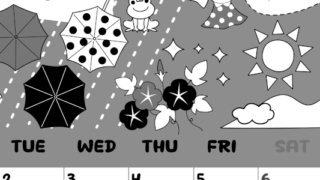 2026年6月縦型モノクロの月曜始まり 季節イラストのかわいいA4無料白黒カレンダー(2026-00380611)