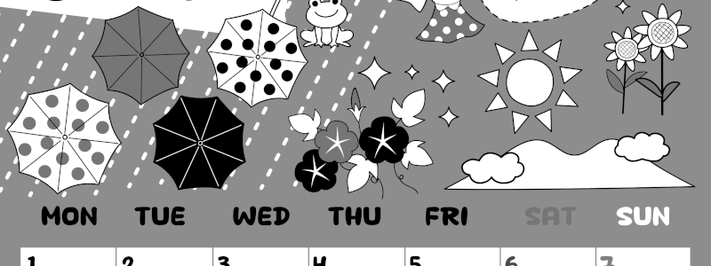 2026年6月縦型モノクロの月曜始まり 季節イラストのかわいいA4無料白黒カレンダー(2026-00380611)