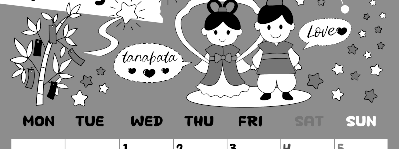 2026年7月縦型モノクロの月曜始まり ポップなイラストがかわいいA4無料白黒カレンダー(2026-00380711)