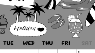 2026年8月縦型モノクロの月曜始まり 海岸イラストのかわいいA4無料白黒カレンダー(2026-00380811)