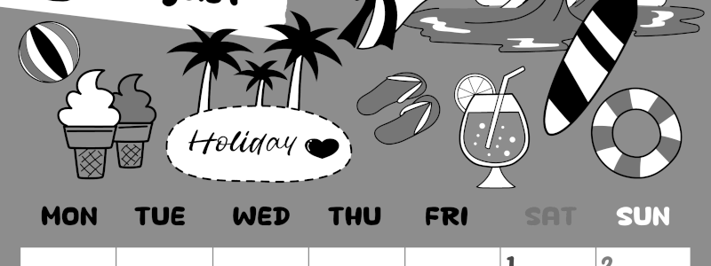 2026年8月縦型モノクロの月曜始まり 海岸イラストのかわいいA4無料白黒カレンダー(2026-00380811)