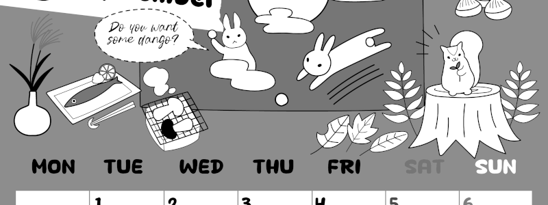 2026年9月縦型モノクロの月曜始まり 森の動物イラストがかわいいA4無料白黒カレンダー(2026-00380911)