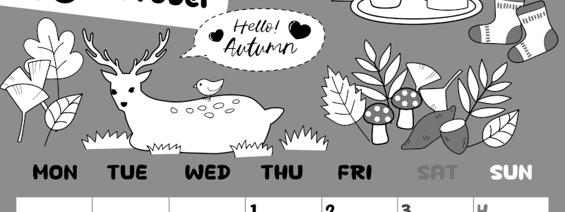 2026年10月縦型モノクロの月曜始まり 鹿のイラストがかわいいA4無料白黒カレンダー(2026-00381011)