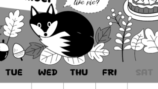 2026年11月縦型モノクロの月曜始まり アップルパイのイラストがかわいいA4無料白黒カレンダー(2026-00381111)