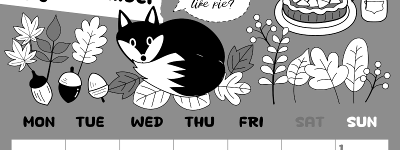 2026年11月縦型モノクロの月曜始まり アップルパイのイラストがかわいいA4無料白黒カレンダー(2026-00381111)