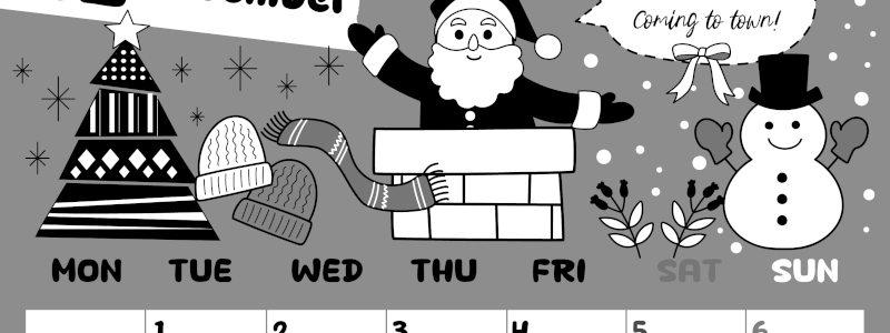 2026年12月縦型モノクロの月曜始まり サンタのイラストがかわいいA4無料白黒カレンダー(2026-00381211)