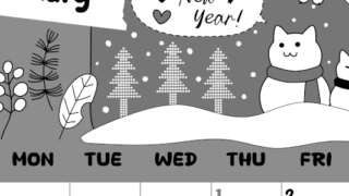 2026年1月縦型モノクロの日曜始まり ポップな猫イラストのかわいいA4無料白黒カレンダー(2026-00380110)