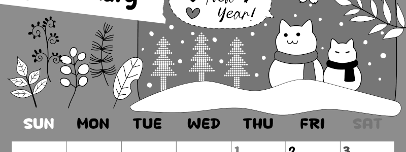 2026年1月縦型モノクロの日曜始まり ポップな猫イラストのかわいいA4無料白黒カレンダー(2026-00380110)