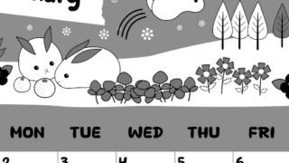 2026年2月縦型モノクロの日曜始まり ポップかわいいイラストA4無料白黒カレンダー(2026-00380210)