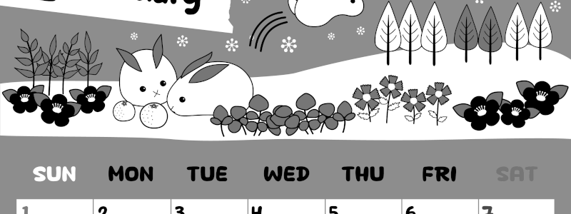 2026年2月縦型モノクロの日曜始まり ポップかわいいイラストA4無料白黒カレンダー(2026-00380210)