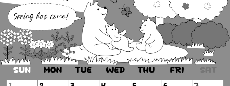 2026年3月縦型モノクロの日曜始まり ポップかわいい白熊イラストのA4無料白黒カレンダー(2026-00380310)