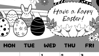 2026年4月縦型モノクロの日曜始まり イースターエッグイラストのかわいいA4無料白黒カレンダー(2026-00380410)