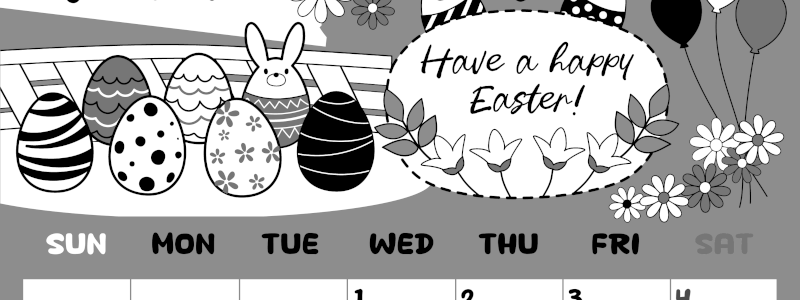 2026年4月縦型モノクロの日曜始まり イースターエッグイラストのかわいいA4無料白黒カレンダー(2026-00380410)