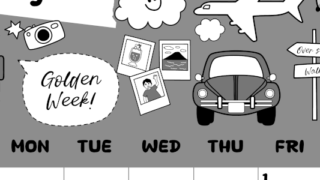 2026年5月縦型モノクロの日曜始まり GWイラストのかわいいA4無料白黒カレンダー(2026-00380510)