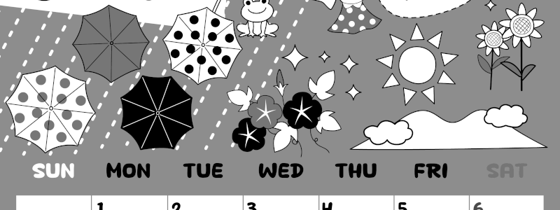 2026年6月縦型モノクロの日曜始まり 季節イラストのかわいいA4無料白黒カレンダー(2026-00380610)