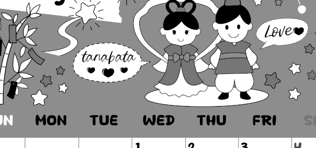 2026年7月縦型モノクロの日曜始まり ポップなイラストがかわいいA4無料白黒カレンダー(2026-00380710)