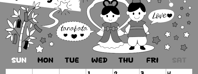 2026年7月縦型モノクロの日曜始まり ポップなイラストがかわいいA4無料白黒カレンダー(2026-00380710)