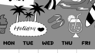 2026年8月縦型モノクロの日曜始まり 海岸イラストのかわいいA4無料白黒カレンダー(2026-00380810)